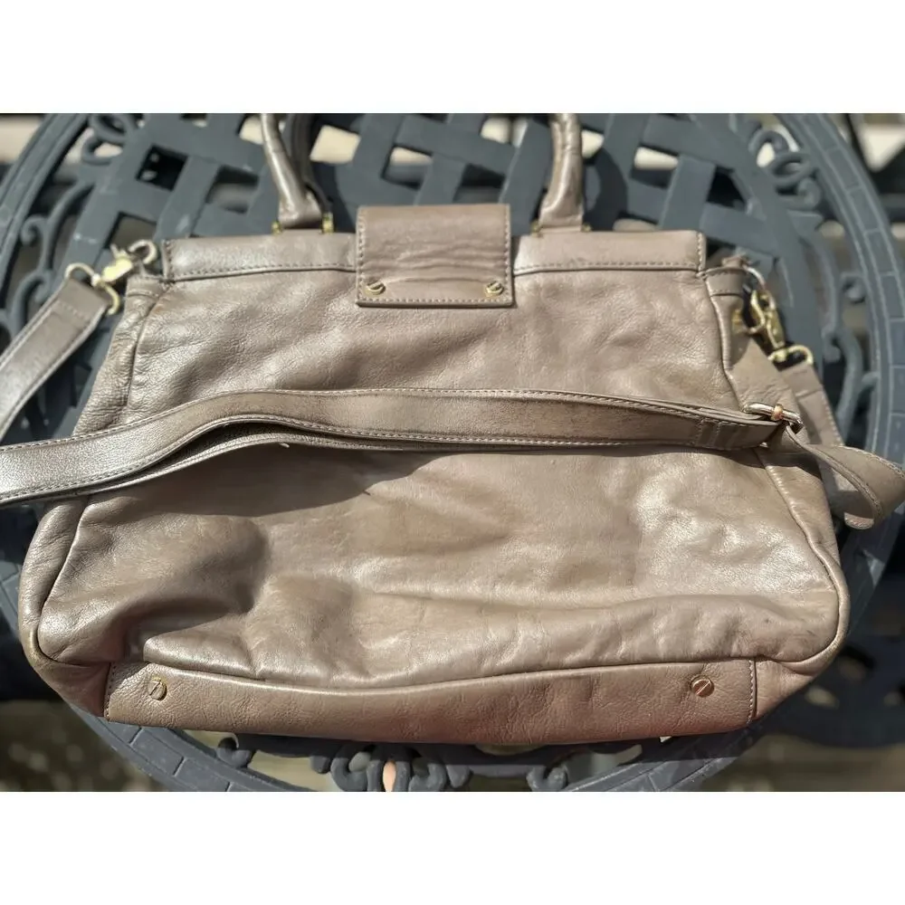 Tory Burch Holland Satchel Taupe Gray Leather Shoulder Bag Crossbody Tote Purse